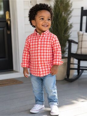 Crewcuts by J.Crew Neon Coral Gingham Button Down Shirt Boys 2